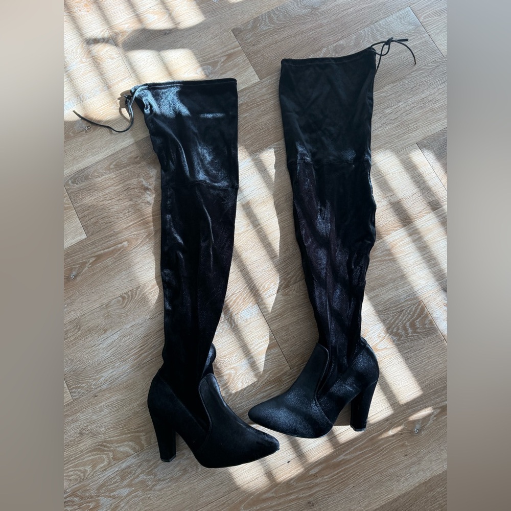 Over-the-Knee Black Stretch Boots with Block Heel